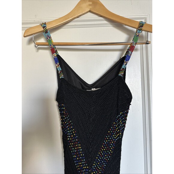 1990s Cache Crochet Dress Rainbow Beads Vintage Maxi Fringe Trim Boho Small - Picture 10 of 13